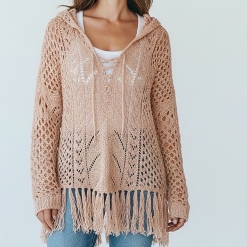 BKE Hooded Fringe Sweater‎ wool blend Y2K women size large boho fairy whimsical